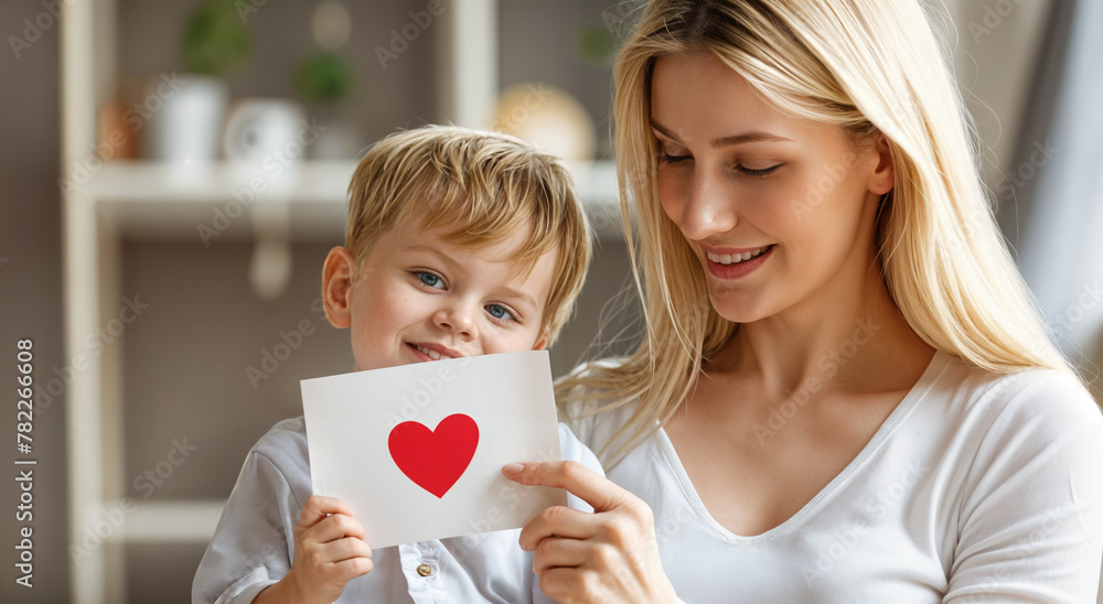 portrait of child giving his mom a postcard with a heart, generative ai portrait of child giving his mom a postcard with a heart, generative ai