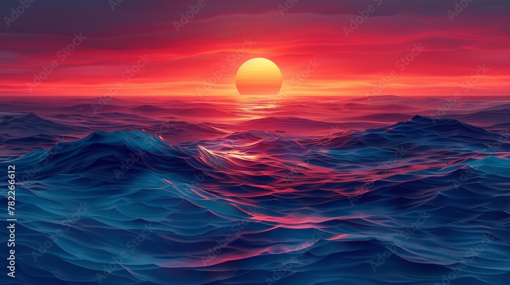 Vibrant ocean sunset with waves