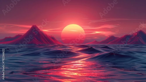 Sunset over serene ocean with mountain silhouette