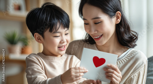 portrait of child giving his mom a postcard with a heart, generative ai