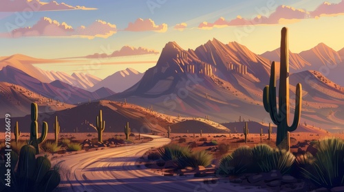 Desert landscape with cacti and mountains at sunset