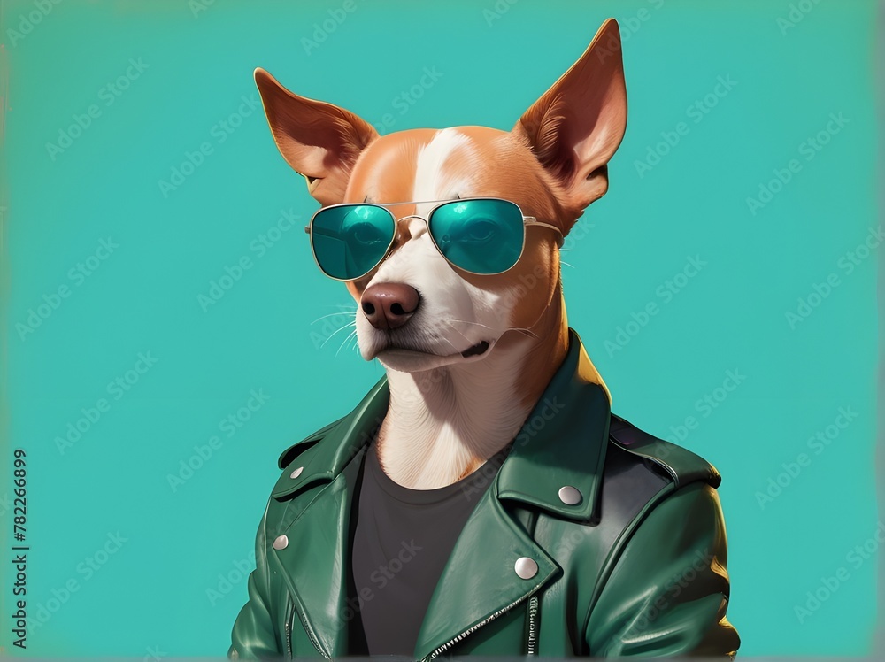 Color illustration of a fantasy dog character wearing sunglasses and leather jacket looking away on a green and turquoise background. Generative AI Color illustration of a fantasy dog character wearing sunglasses and leather jacket looking away on a green and turquoise background. Generative AI