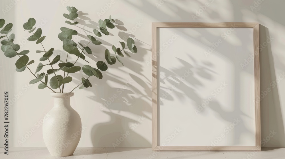 Mockup of an empty poster frame in a white wall living room with a wooden sideboard with small green plants Mockup of an empty poster frame in a white wall living room with a wooden sideboard with small green plants