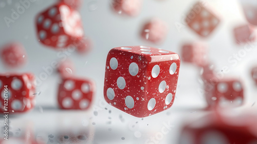 A close up of a red die with white dots