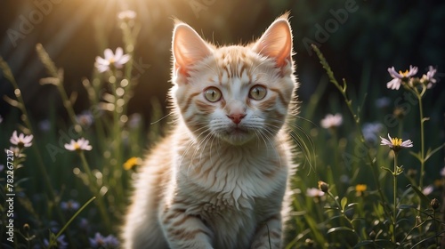Adorable cat in forest light among spring wildflowers