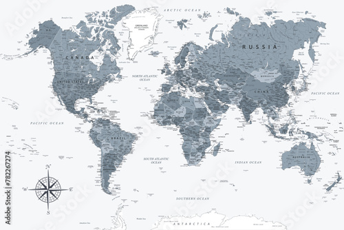 World Map - Highly Detailed Vector Map of the World. Ideally for the Print Posters. Grey Silver Spot Beige Retro Style.