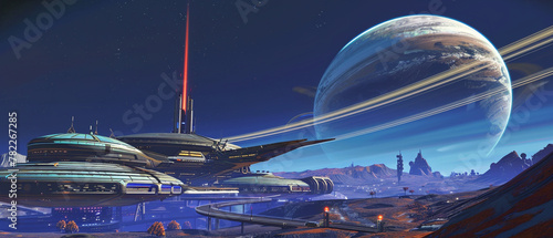Futuristic spaceport with sleek architecture and a massive galaxy backdrop, blending technology and nature. photo