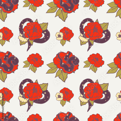 Snake in flowers in old school tattoo style. Vector seamless pattern.