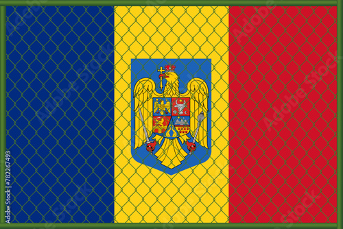Vector illustration of the flag of Romania under the lattice. The concept of isolationism. No war