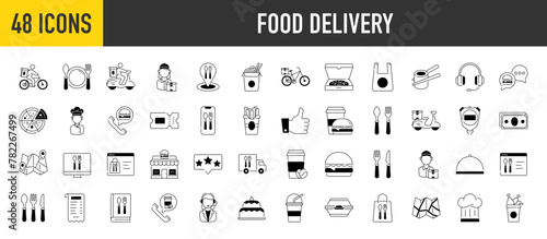 Food delivery icons. Vector illustration included icon as door contactless delivering, cake, burger, dish, grocery list pictogram for fast distribution.	
