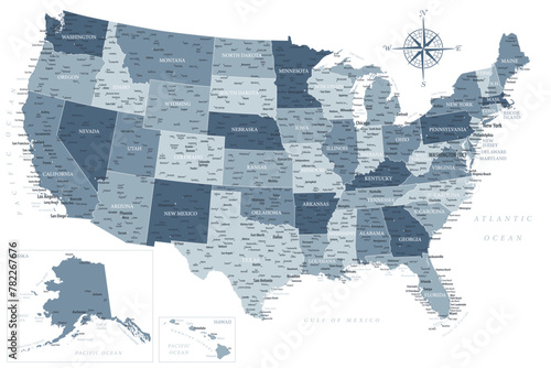 United States - Highly Detailed Vector Map of the USA. Ideally for the Print Posters. Grey Silver Spot Beige Retro Style