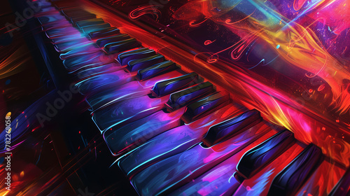 Vibrant digital art of a piano with colorful abstract lights © cac_tus
