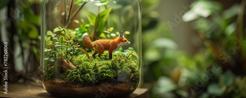 Miniature fox figurine in a glass terrarium with lush greenery