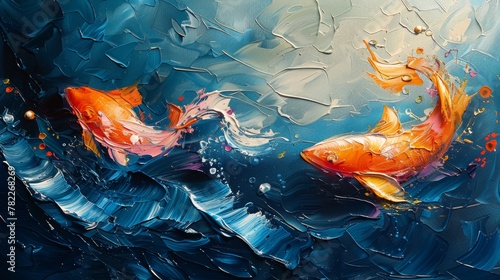 oil painting of fishes in the sea abstract with visible bush strokes photo