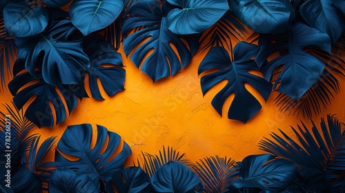 Tropical leaves on vibrant orange background