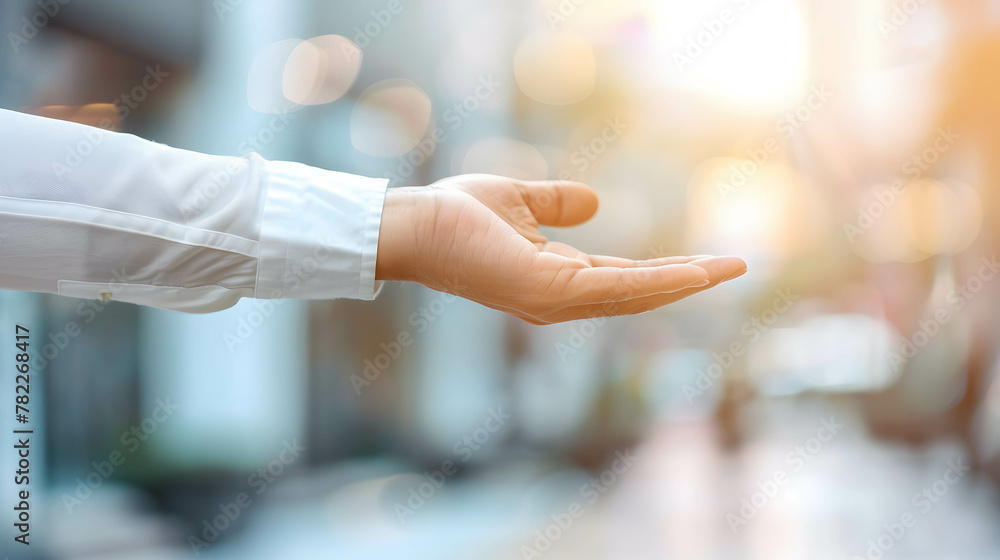 Visualize a hand of confident financial advisor providing personalized advice to clients, with a blurred background symbolizing focus and clarity - obrazy, fototapety, plakaty 