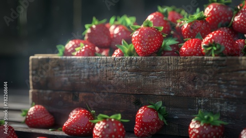 Fresh strawberries in a rustic wooden crate
