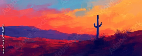 Vibrant desert sunset with solitary cactus photo