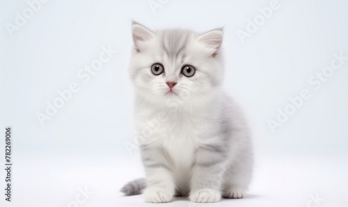 A fluffy, blue-eyed kitten gazes curiously, its innocent expression framed by soft, white fur against a pristine background © krissanee