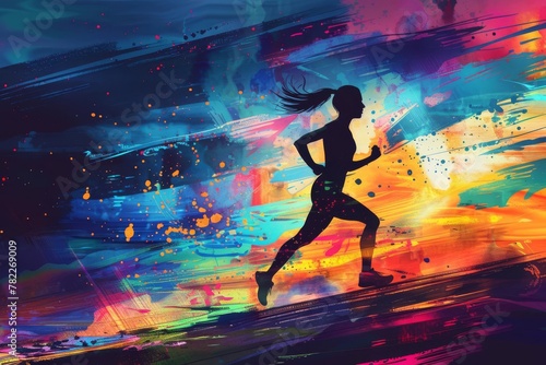 young athletic woman running at sunrise abstract fitness illustration with vibrant colors © furyon