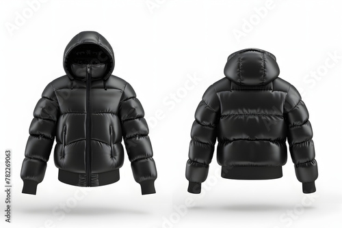 Black Down Jacket Mockup for Winter Sports. Blank Template of Polyester Ski Coat with Front, Back and Zippered Views Isolated on White photo