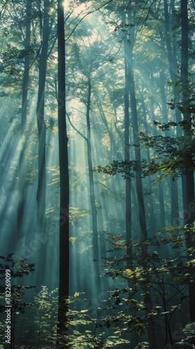 Sunbeams filtering through a misty forest