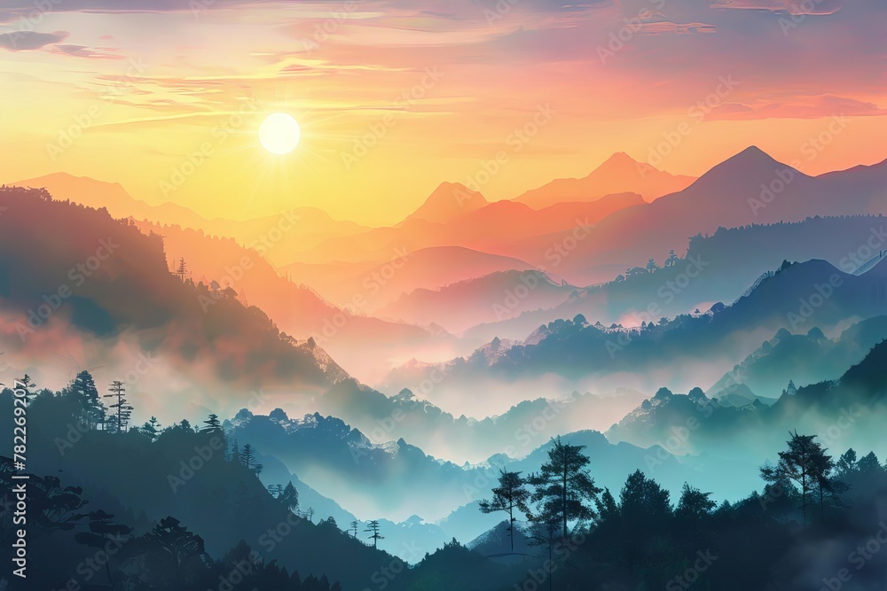 tranquil early morning scenery sun rising over misty mountains in fanciful landscape digital painting