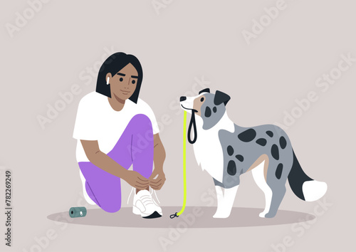 Pre-Walk Ritual, Lacing Up for Adventure With a Devoted Border Collie, A person ties their sneakers, anticipating a leisurely walk, as their attentive puppy waits