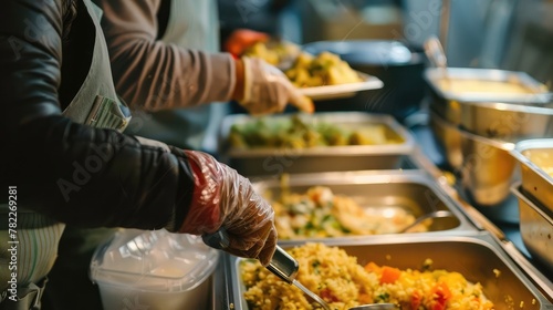 A person volunteering at a soup kitchen, serving meals to those experiencing homelessness and food insecurity. © Amer