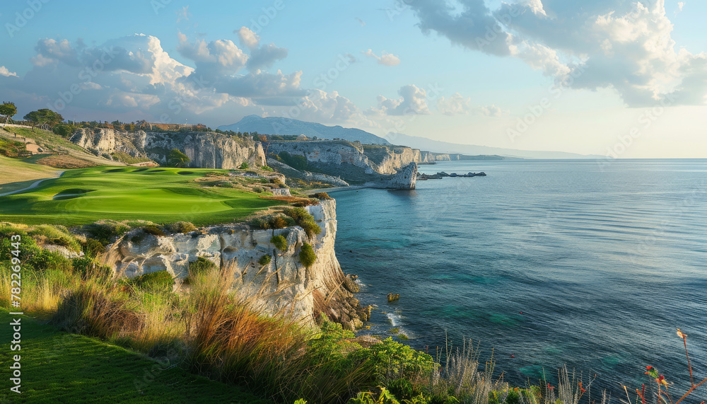 A beautiful ocean view with a cliff in the background by AI generated image