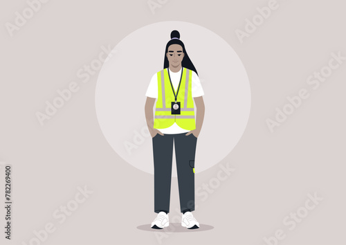 Dedicated Volunteer Ready to Assist, A character stands poised in a neon high visibility safety vest and lanyard, exuding readiness and commitment