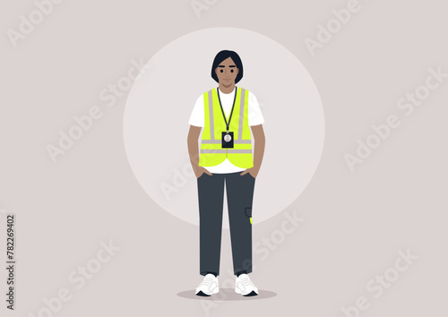 Dedicated Volunteer Ready to Assist, A character stands poised in a neon high visibility safety vest and lanyard, exuding readiness and commitment