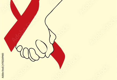 Red ribbon, breast cancer awareness concept. Couple holding hands. Blank to add text poster or banner. Multipurpose copy space. Love, care, support and help symbol. © munir