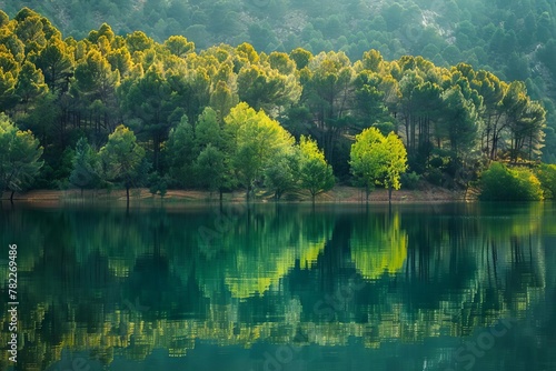 tranquil small forest reflecting in calm waters of yesa reservoir aragon spain serene landscape photography photo