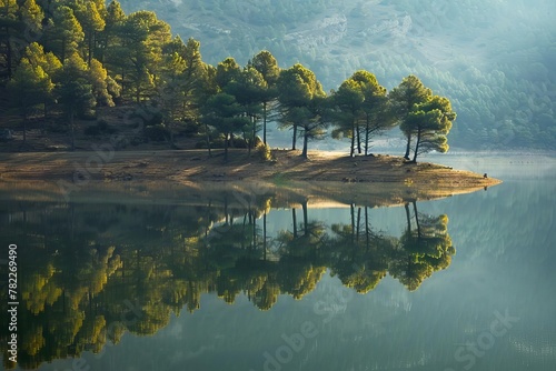 tranquil small forest reflecting in calm waters of yesa reservoir aragon spain serene landscape photography photo