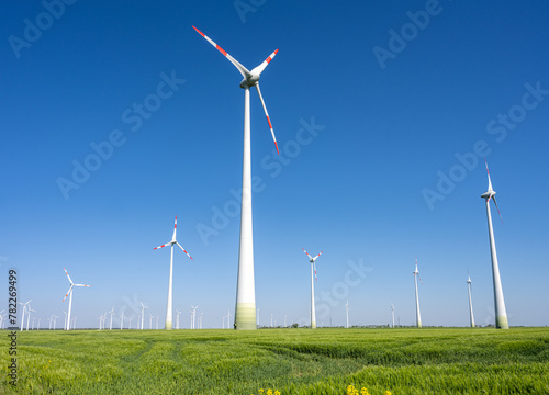 Modern wind turbines seen close to Berlin in Germany