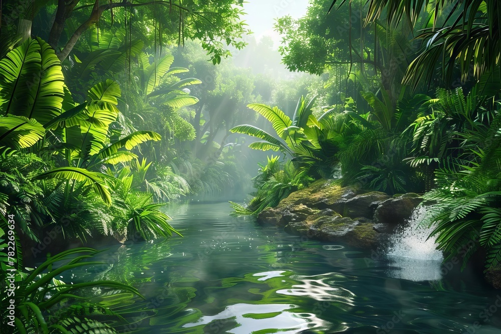 tranquil tropical rainforest with flowing water and lush greenery aigenerated tranquil tropical rainforest with flowing water and lush greenery aigenerated