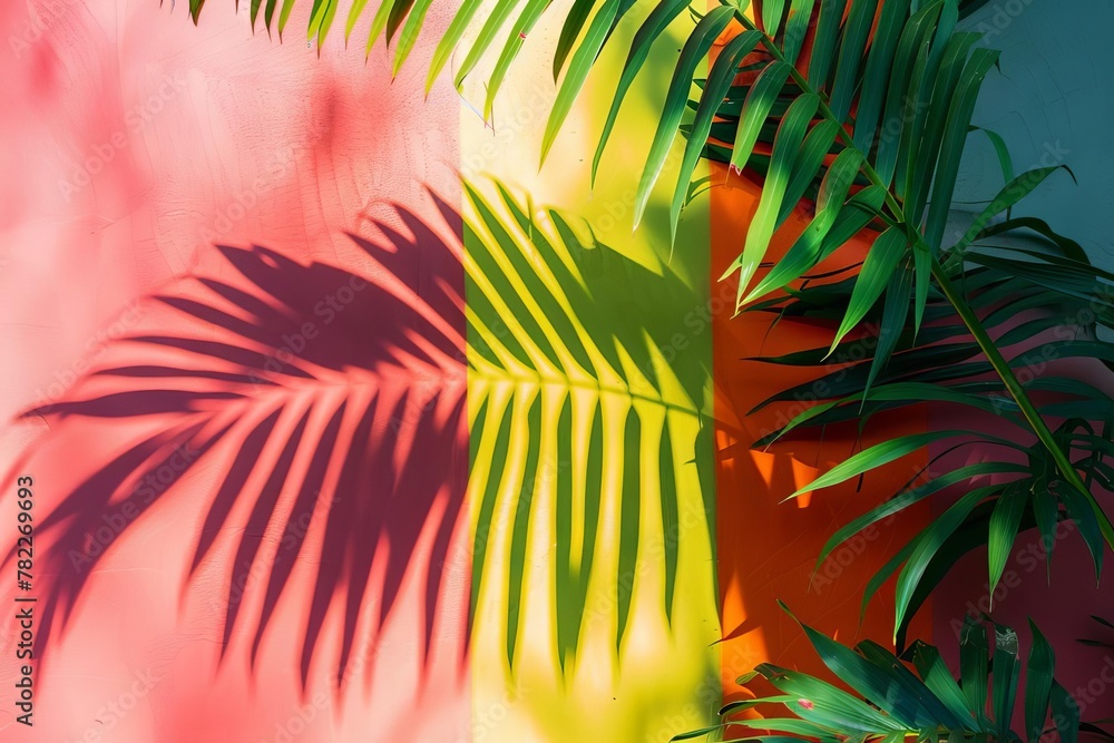 tropical leaf shadows on colorful walls in morning sunlight abstract nature background 8