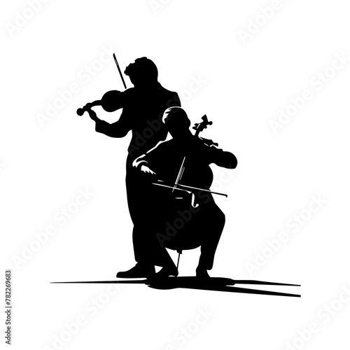 Vector black silhouettes people. Two adult men play musical instruments. The violinist is holding the violin, the guy is playing cello, side view people. Street musicians isolated on white background.
