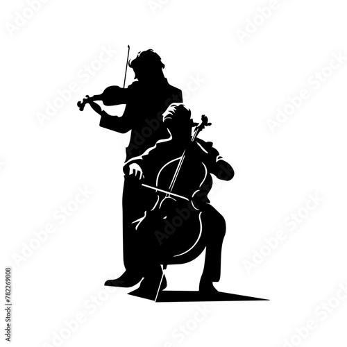 Vector black silhouettes people. Two adult men play musical instruments. The violinist is holding the violin, the guy is playing cello, side view people. Street musicians isolated on white background.