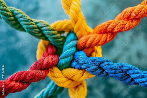 unbreakable bonds diverse team united by colorful ropes partnership and teamwork concept
