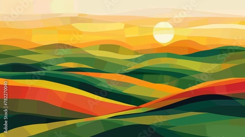 Abstract colorful landscape with hills and sun