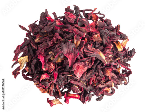 Dry Hibiscus Tea Isolated, Dry Rose Petals, Fruit Red Tea, Karkade Leaves, Dried Herbal Drink, Roselle Petal © ange1011