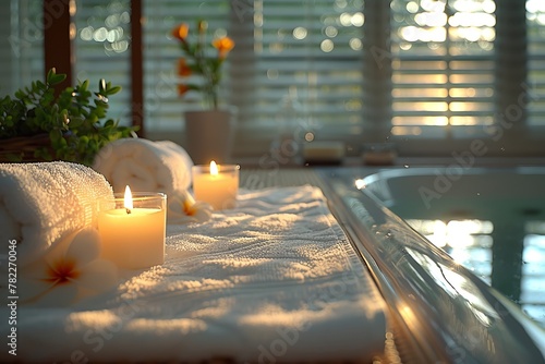 Candles and towels by bathtub in buildings interior design