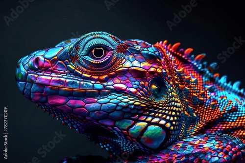 vibrant neon lizard illuminating the darkness with mesmerizing colors on black background digital art © furyon