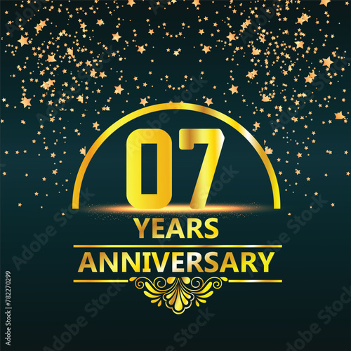 7 year anniversary template design with golden number and ring for birthday celebration event, invitation, banner poster, flyer, and greeting card, vector template
