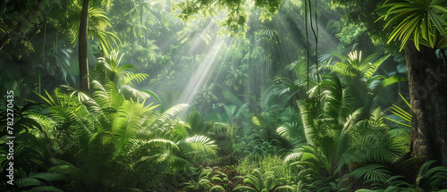 A serene forest with tall trees and sunrays peeking through the lush green foliage.