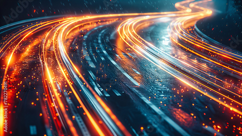 Night Highway Speed, Urban Traffic and City Lights, Motion Blur on a Fast-Moving Road, Dark and Dynamic Setting photo