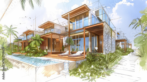 Perspective sketch illustration drawing of architectural concept. Full colorful abstract presentation of architecture project for communication design. AI Generative.