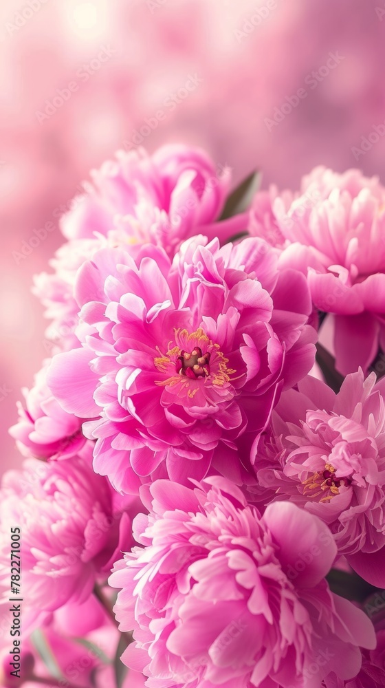 Obraz premium Close-up of vibrant pink peonies on a soft pink background